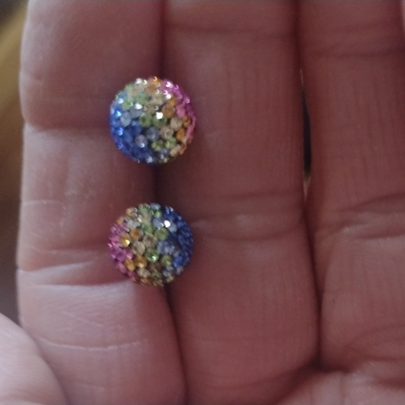VINTAGE STERLING SILVER .925 MULTICOLOR PAVE CRYSTAL 8MM BALL STUD EARRINGS - Picture 8 of 9